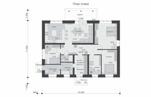 Одноэтажный дом с тремя спальнями и кабинетом